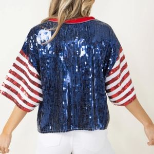Red white and blue short sleeve shirt with sequins